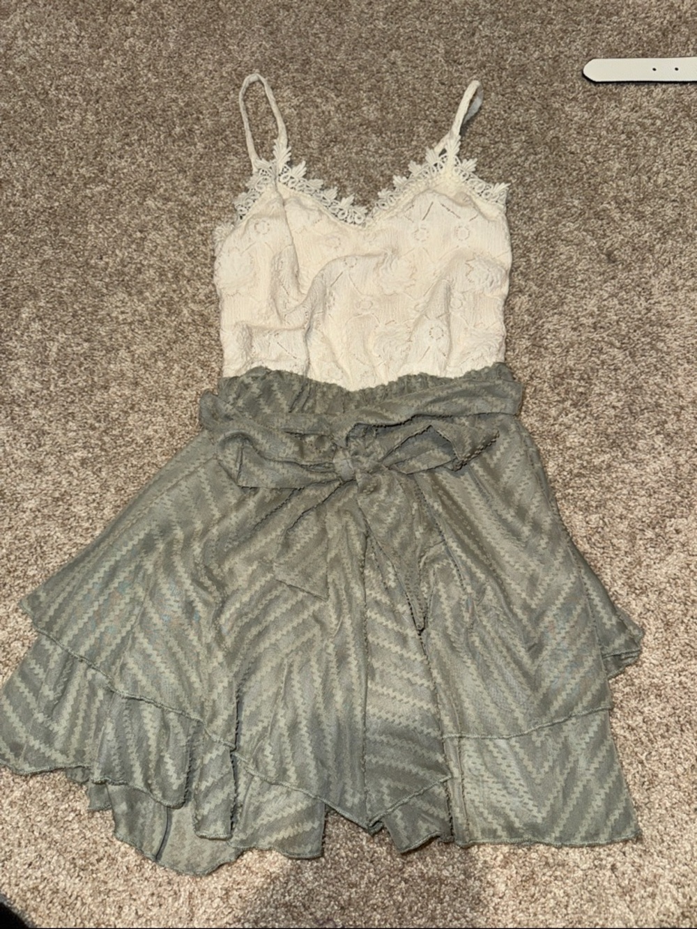 White & Sage Green Tiered Skirt Romper